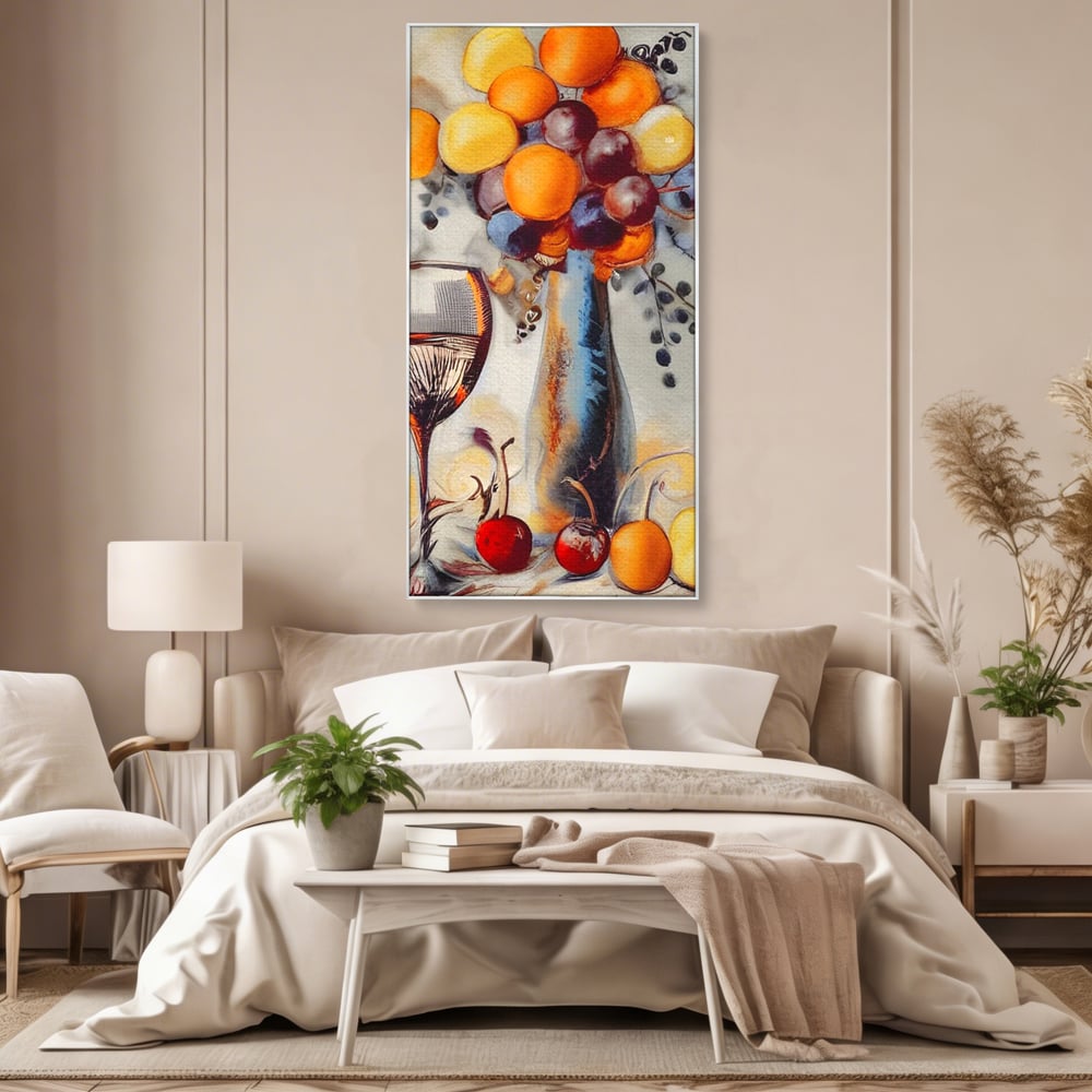 Tablou canvas cu tablou cu sticla, pahar de vin si fructe, in rama de aluminiu argintiu, pe perete intr-un dormitor
